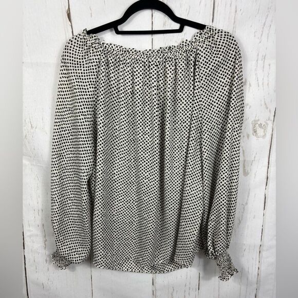 Max Studio Blouse Tie Neck Long Sleeve Ruched Cuff Geometric Polka Dot Boat Neck - Picture 5 of 8